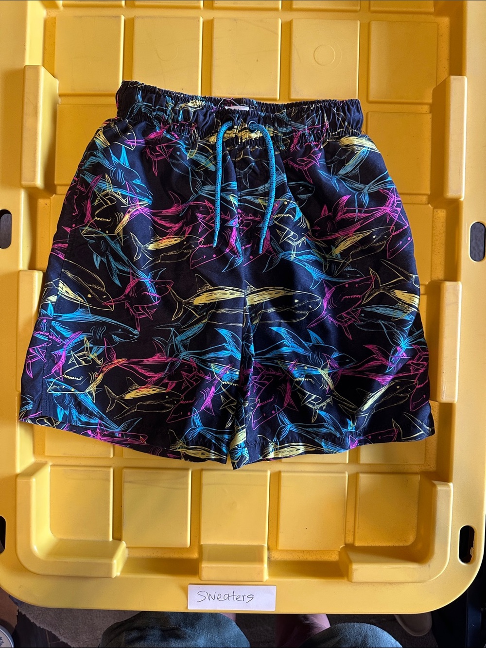 wonder nation Black Swim Shorts with Neon Blue Pink Yellow Shark Print